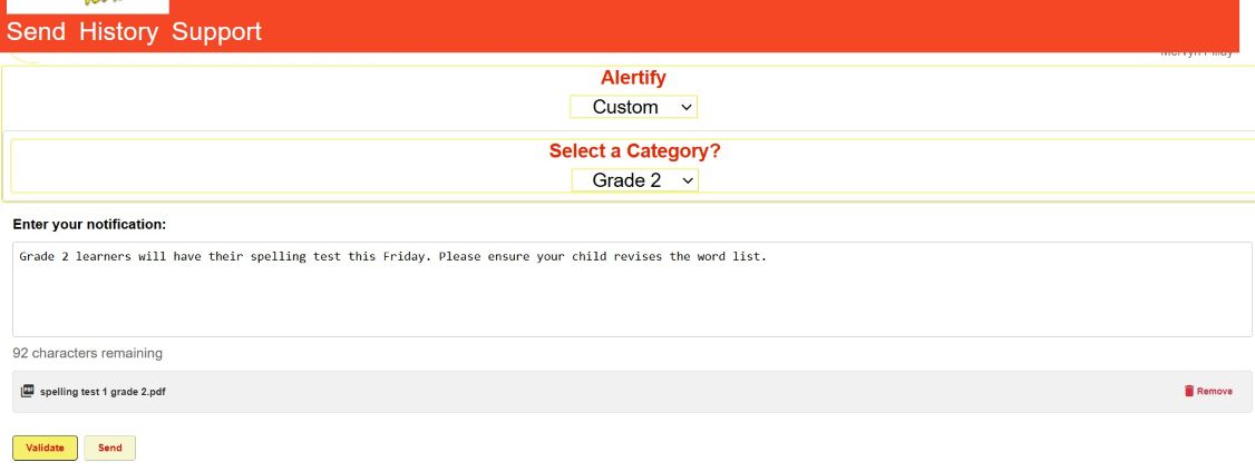Image showing the Alertify Senders Portal send screen with attachments